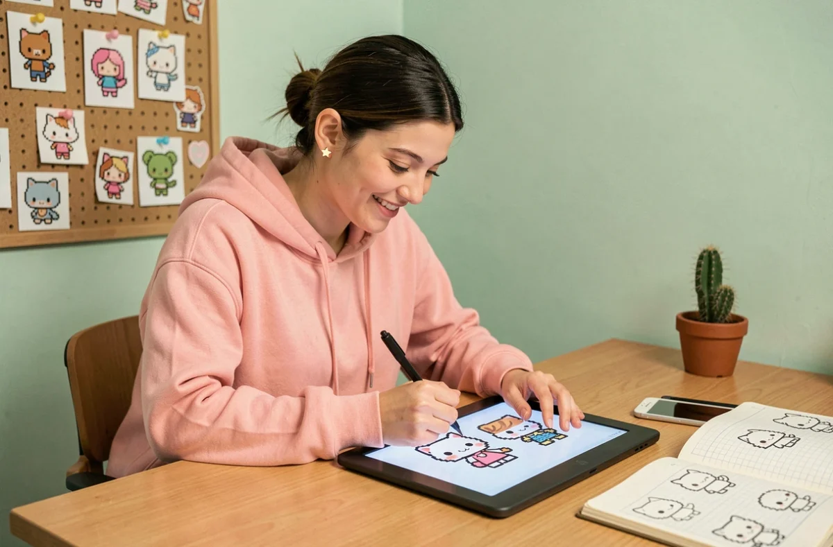 Jeune femme dessinant du pixel art kawaii sur une tablette graphique dans un studio cosy aux teintes pastel