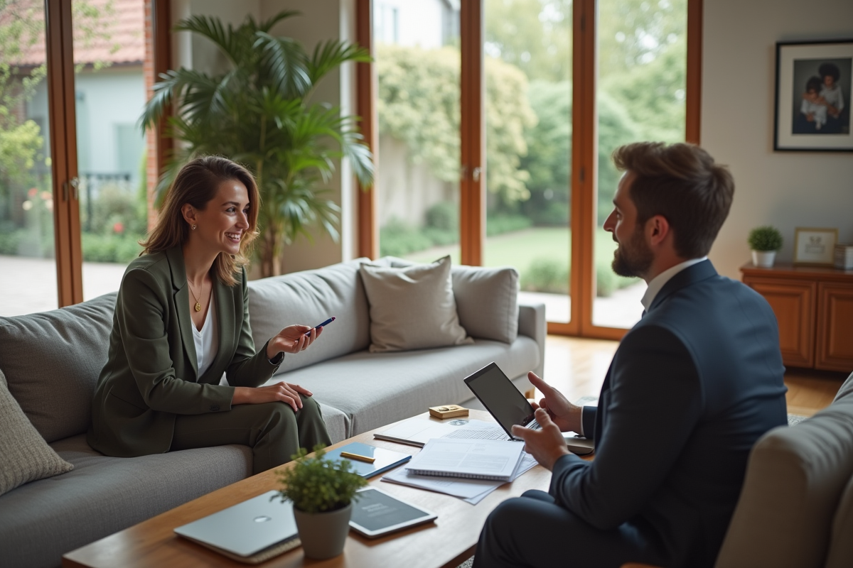 Femme souriante discutant de finances avec un conseiller immobilier dans un salon