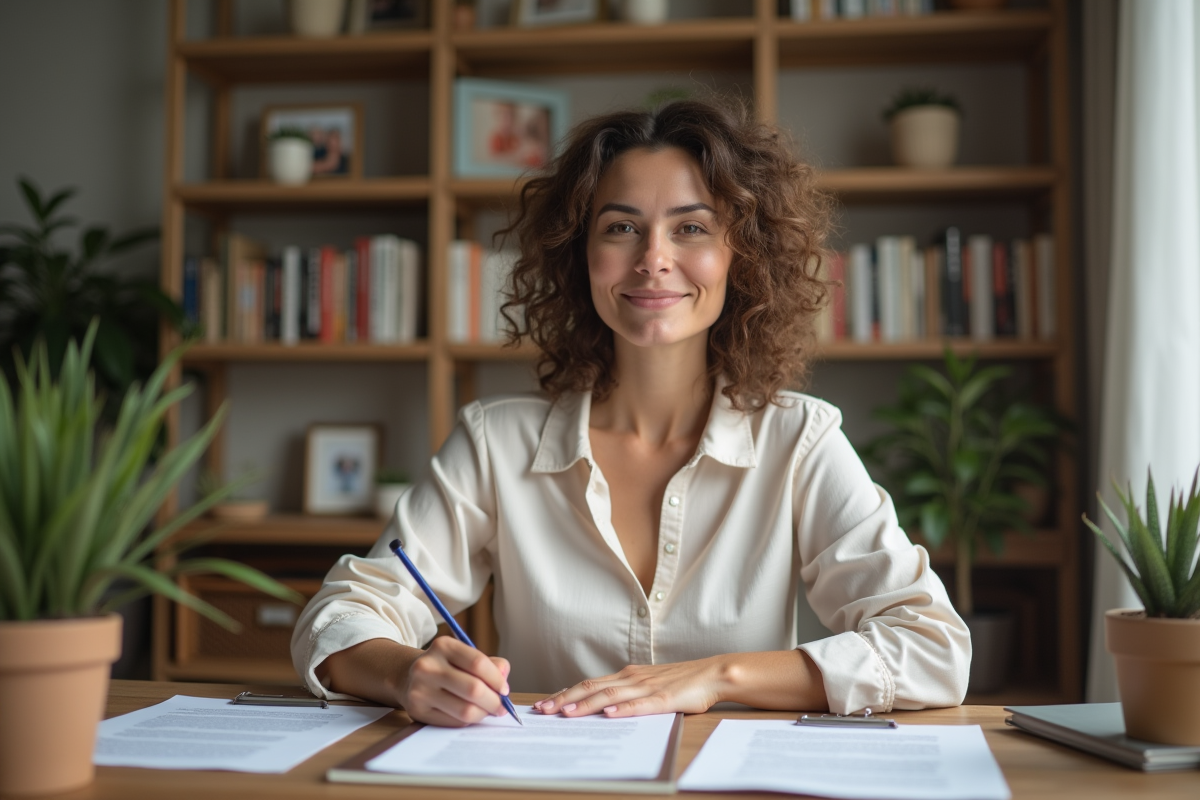 Femme remplissant des documents d'adoption dans un bureau cosy