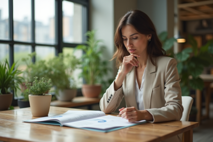 Femme en bureau écologique avec vêtements durables et plantes