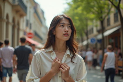 Jeune femme en blouse synthétique brillante en ville en été
