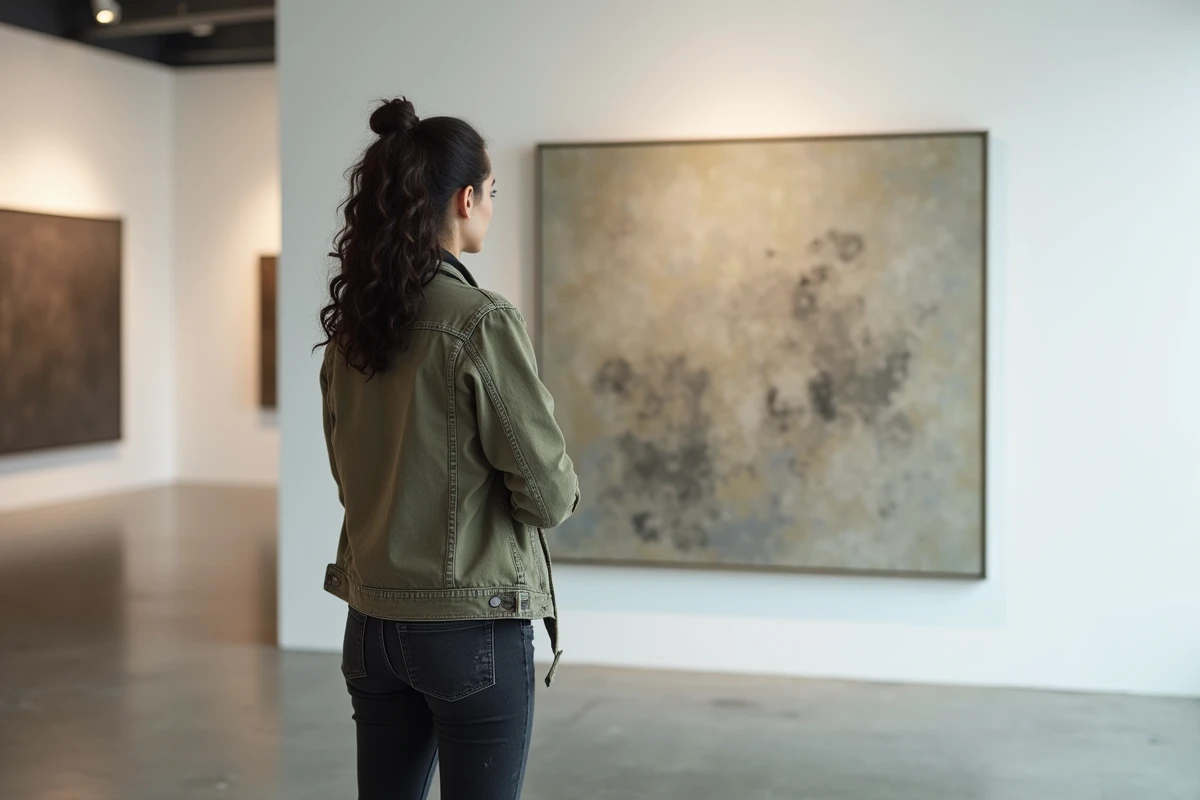 Femme contemplant une œuvre abstraite dans une galerie d'art contemporain, réflexion sur la définition philosophique de l'art