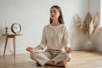Femme en méditation devant une horloge affichant 1h11, symbole de la flamme jumelle et de l'alignement spirituel