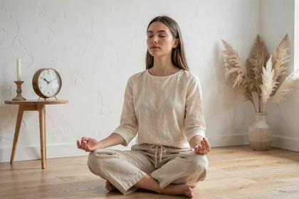 Femme en méditation devant une horloge affichant 1h11, symbole de la flamme jumelle et de l'alignement spirituel