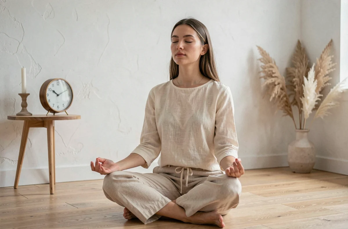 Femme en méditation devant une horloge affichant 1h11, symbole de la flamme jumelle et de l'alignement spirituel