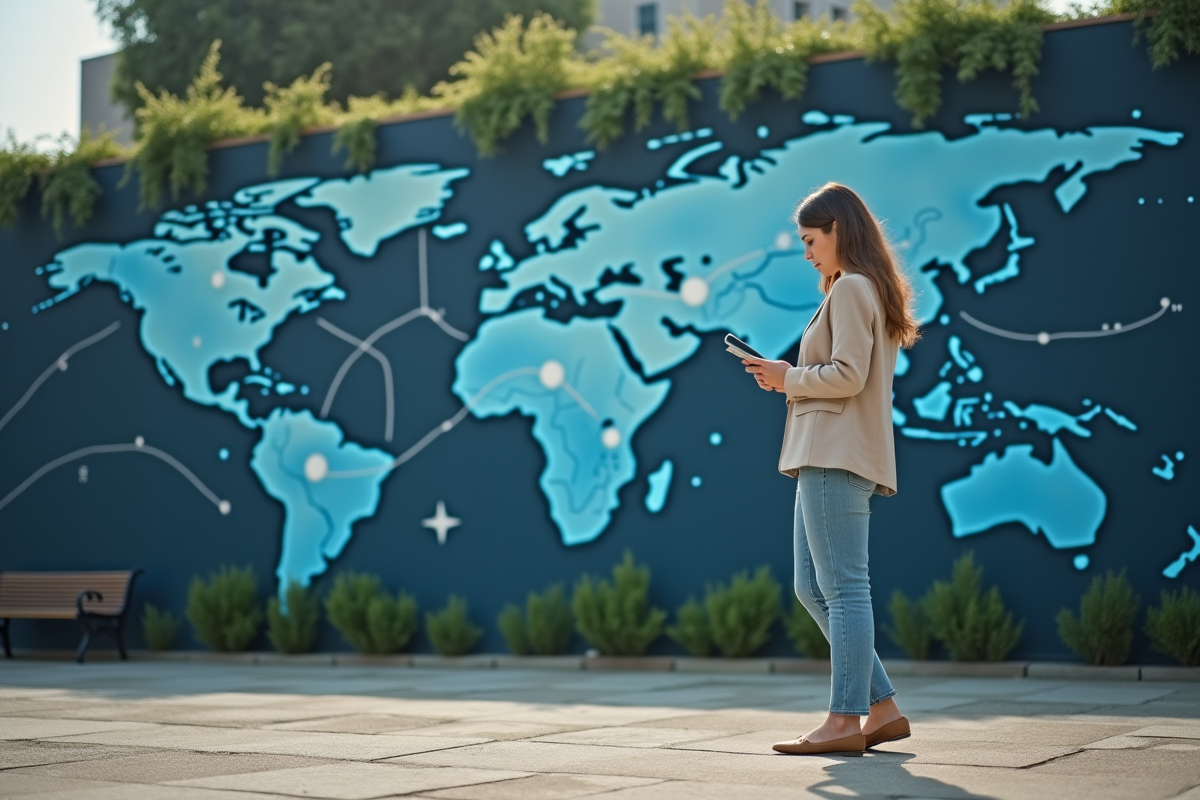 Jeune femme devant un mural de réseau AI en ville