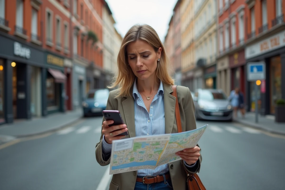 Femme consultant une carte et son téléphone à un carrefour du centre de Toulouse