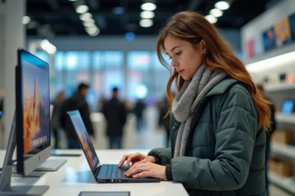 Jeune femme regardant un ordinateur dans un magasin moderne