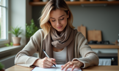 Femme en cardigan remplissant un chéquier à la maison