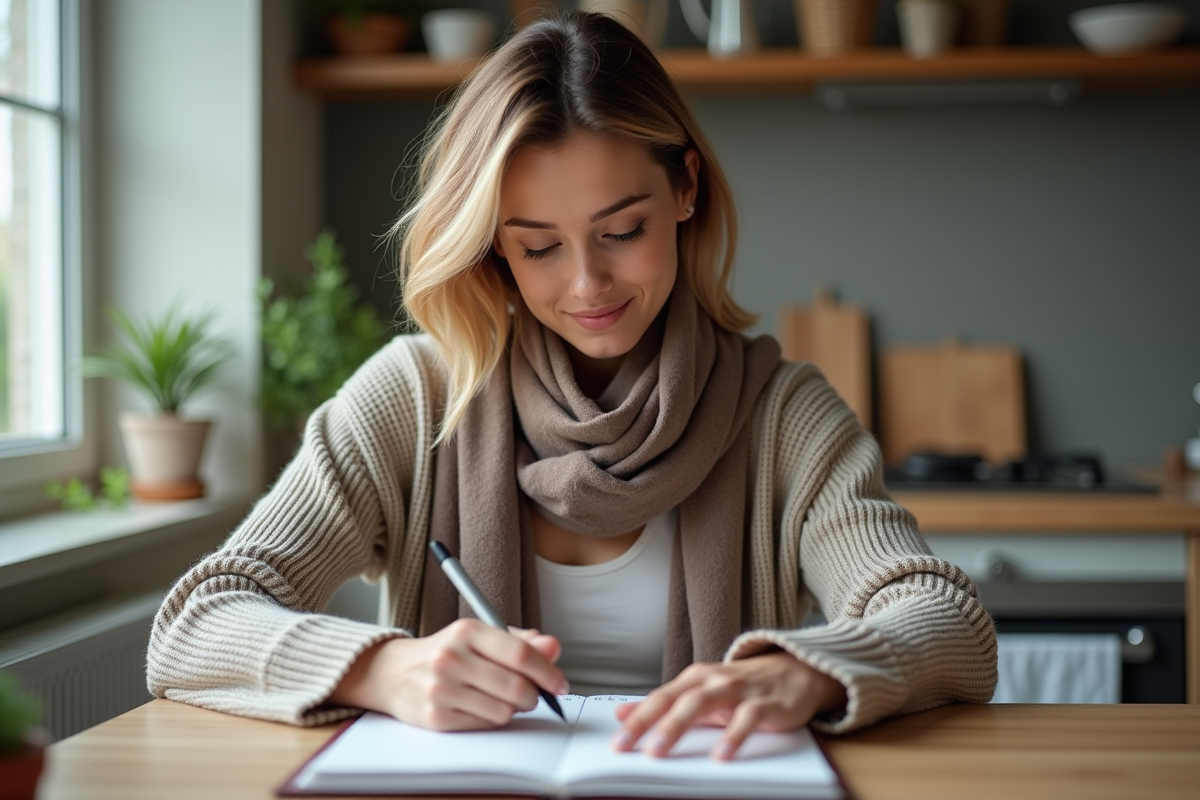 Femme en cardigan remplissant un chéquier à la maison