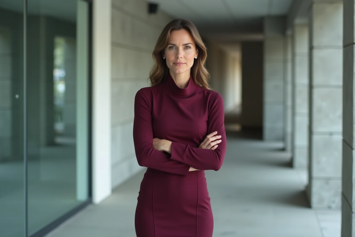 Femme présentatrice de télévision en robe bordeaux dans un couloir de chaîne de télévision moderne