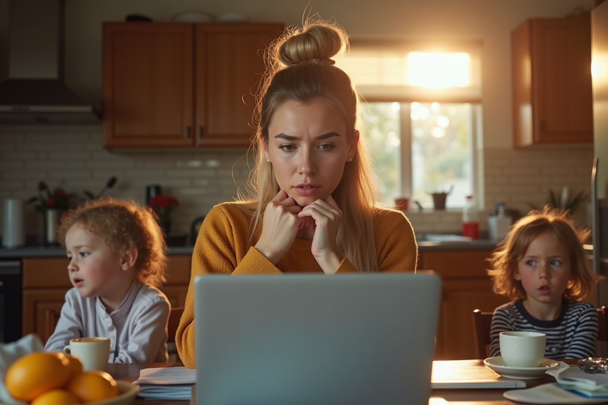 Femme professionnelle frustrée à la maison avec enfants bruyants