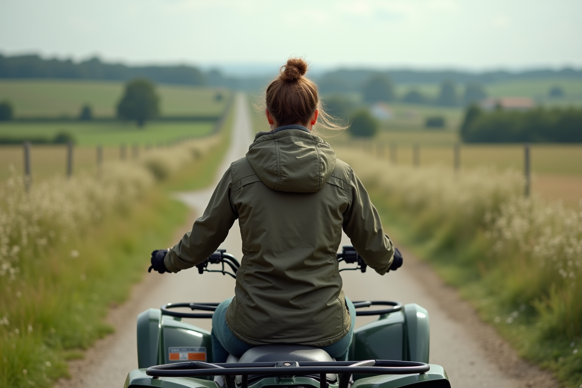 Femme conduisant un quad en campagne paisible