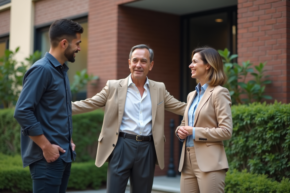 Femme professionnelle accueille un couple devant un immeuble