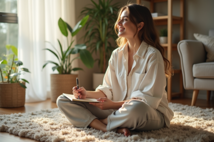 Femme souriante en intérieur dans un salon cosy