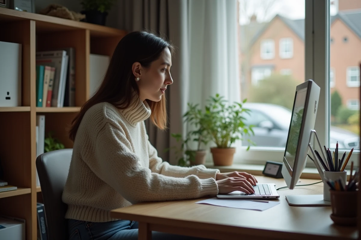 Jeune femme rédigeant un avis dans un bureau à domicile
