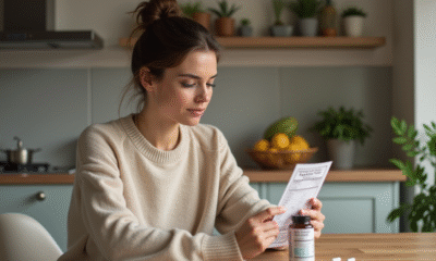 Femme lisant une étiquette de probiotiques dans sa cuisine moderne