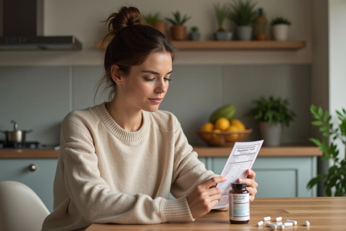 Femme lisant une étiquette de probiotiques dans sa cuisine moderne