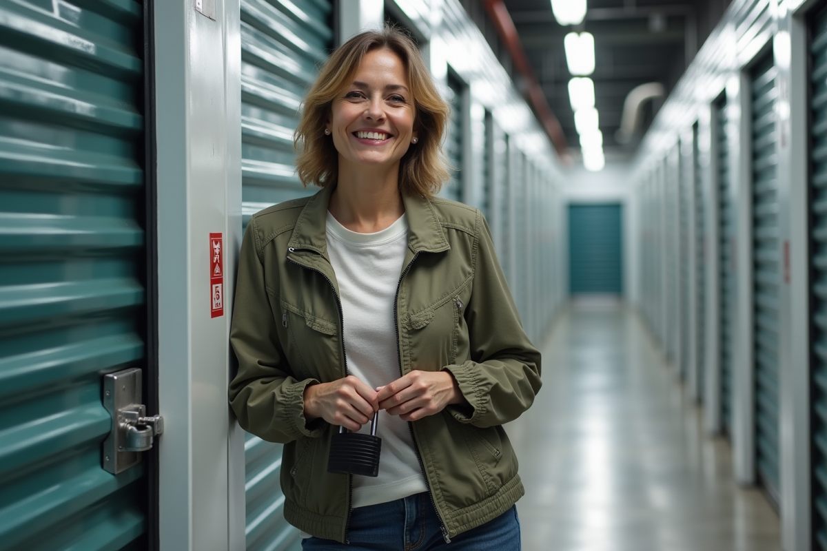 Femme souriante verrouillant un espace de stockage sécurisé