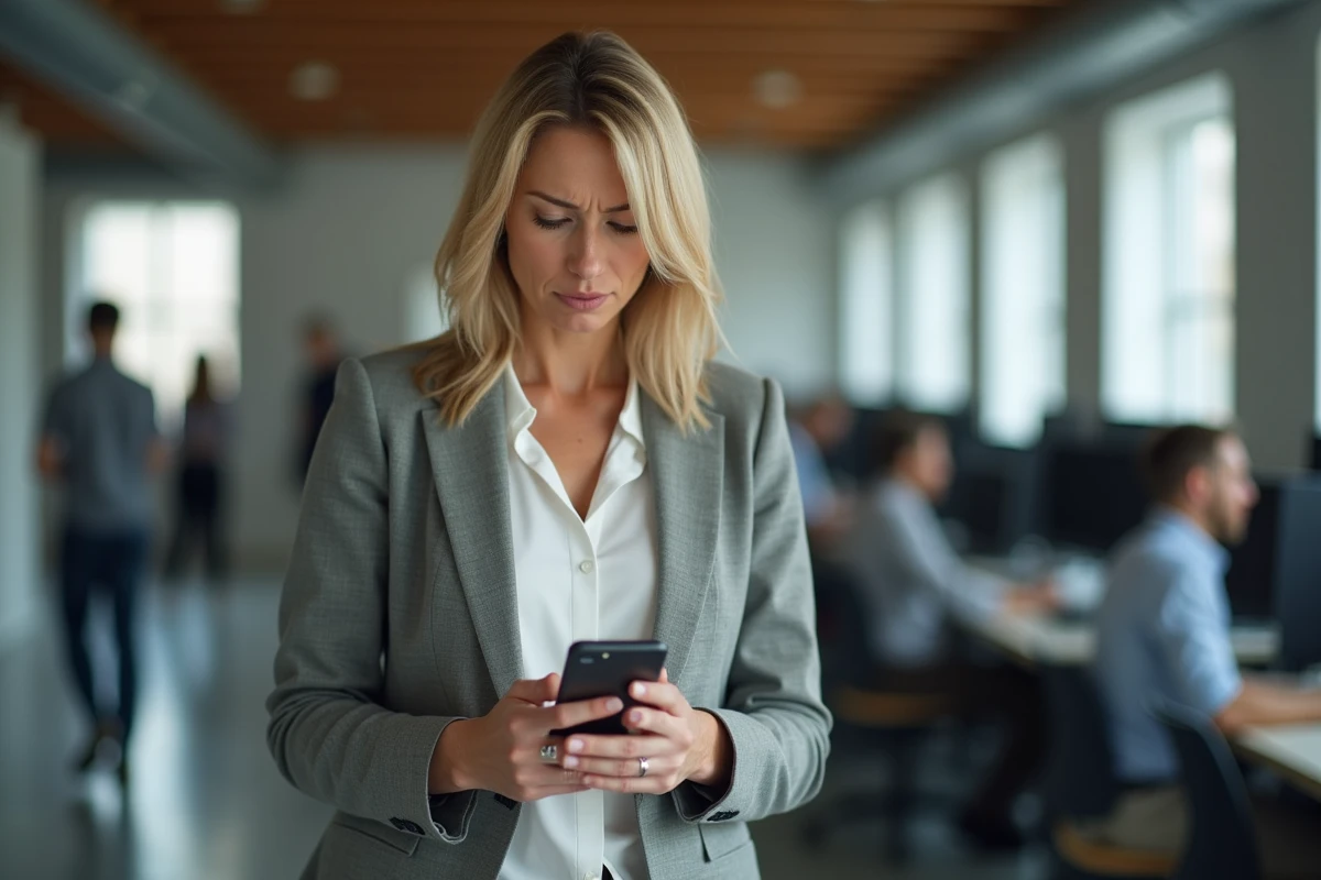 Femme inquiète consultant son smartphone face à une panne du site Ivrab au bureau