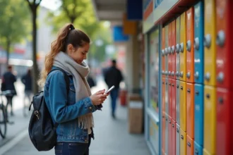 Femme en denim vérifiant son smartphone devant des casiers à colis
