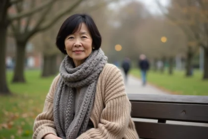 Femme d'âge moyen souriante dans un parc au printemps