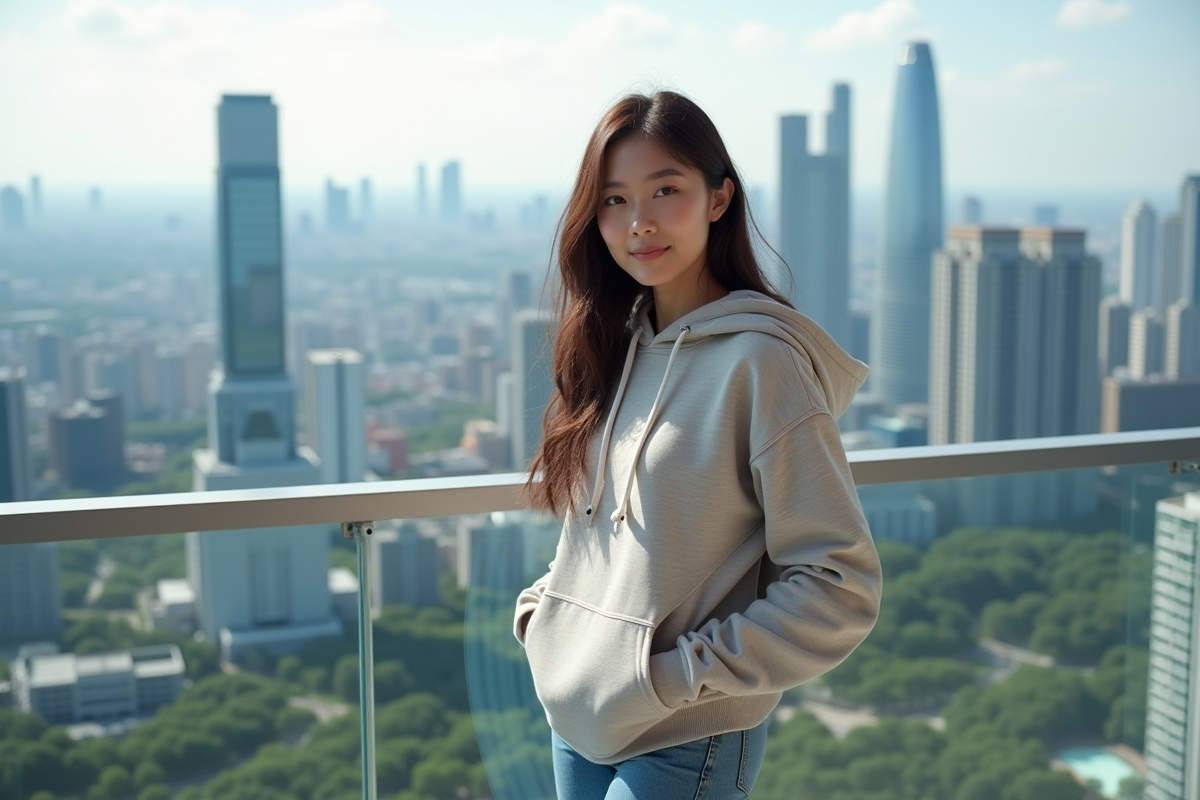 Jeune femme sur un toit avec vue urbaine