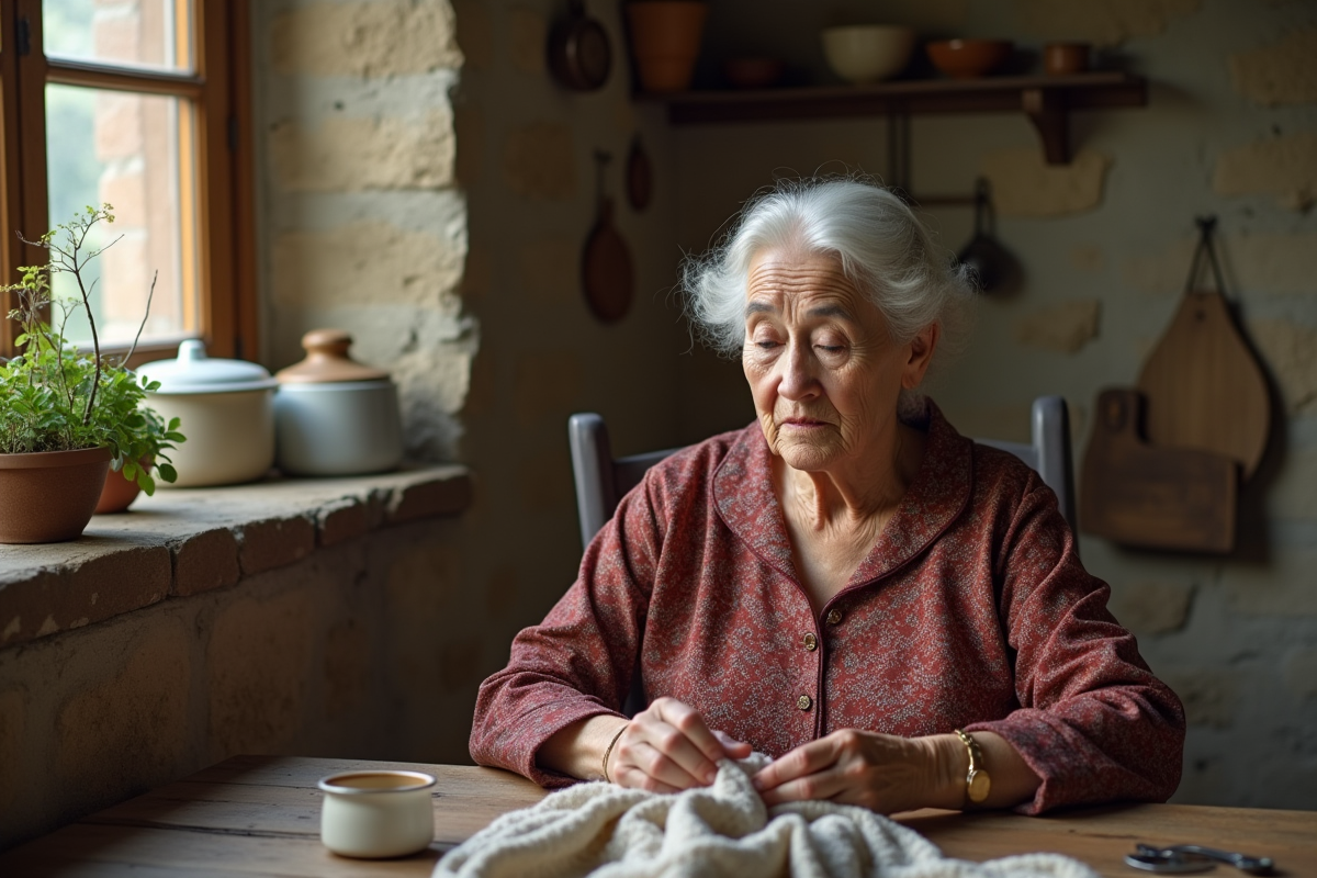 Femme âgée cousant dans une cuisine chaleureuse