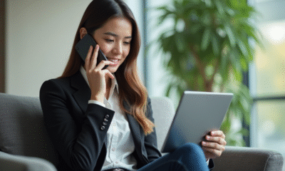 Jeune femme en bureau utilisant une application de traduction