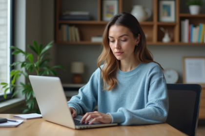 Femme concentrée travaillant sur un ordinateur dans un bureau moderne