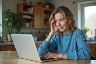 Femme utilisant un filtre de privacy sur son ordinateur dans la cuisine