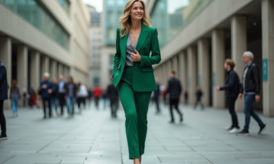 Femme élégante en tailleur vert dans une ville dynamique