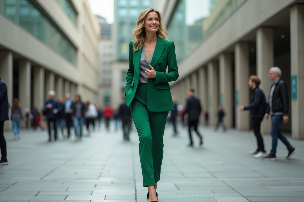 Femme élégante en tailleur vert dans une ville dynamique