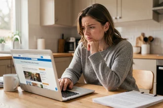 Femme consultant un site d'informations en ligne sur un ordinateur portable pour évaluer sa fiabilité