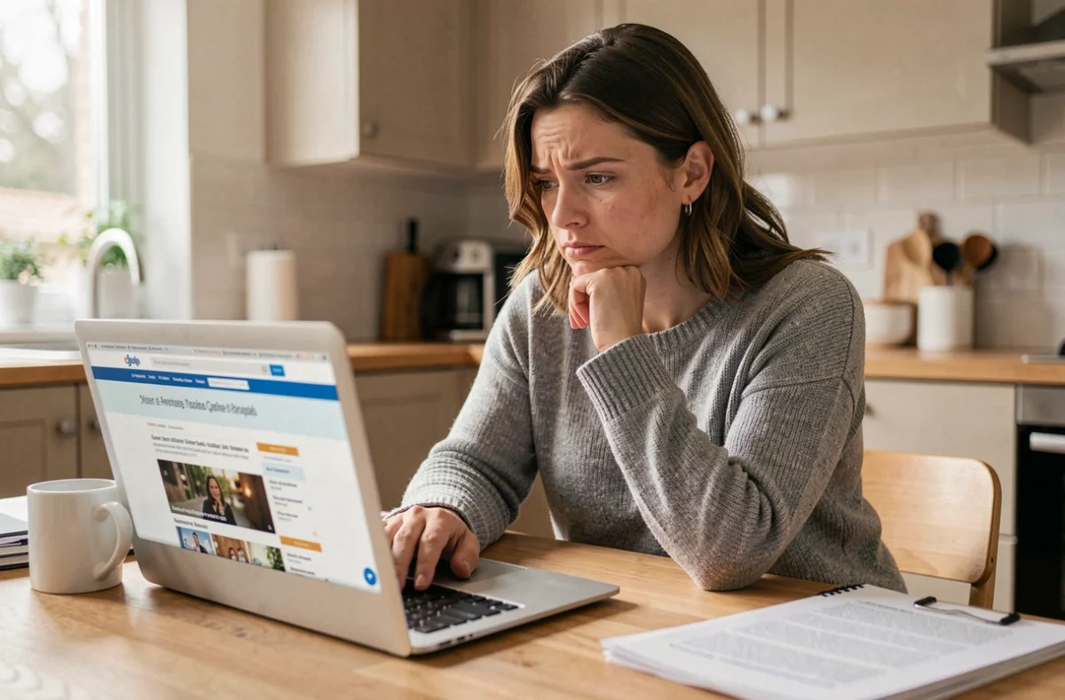 Femme consultant un site d'informations en ligne sur un ordinateur portable pour évaluer sa fiabilité