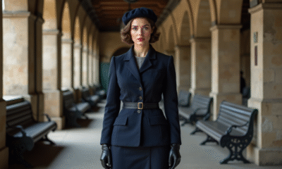 Femme en tailleur années 40 à la gare parisienne