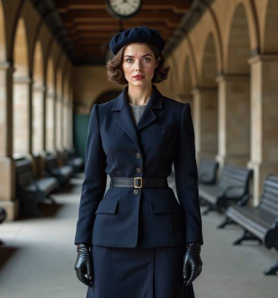 Femme en tailleur années 40 à la gare parisienne