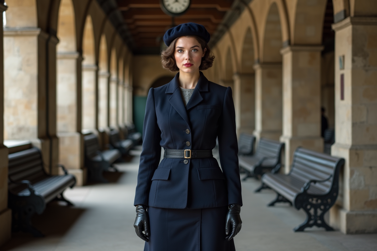 Femme en tailleur années 40 à la gare parisienne