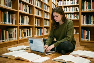 Jeune femme consultant Wikipédia sur un ordinateur portable dans une bibliothèque universitaire entourée d'encyclopédies