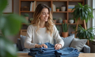 Femme plie des jeans dans un intérieur cosy