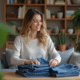 Femme plie des jeans dans un intérieur cosy
