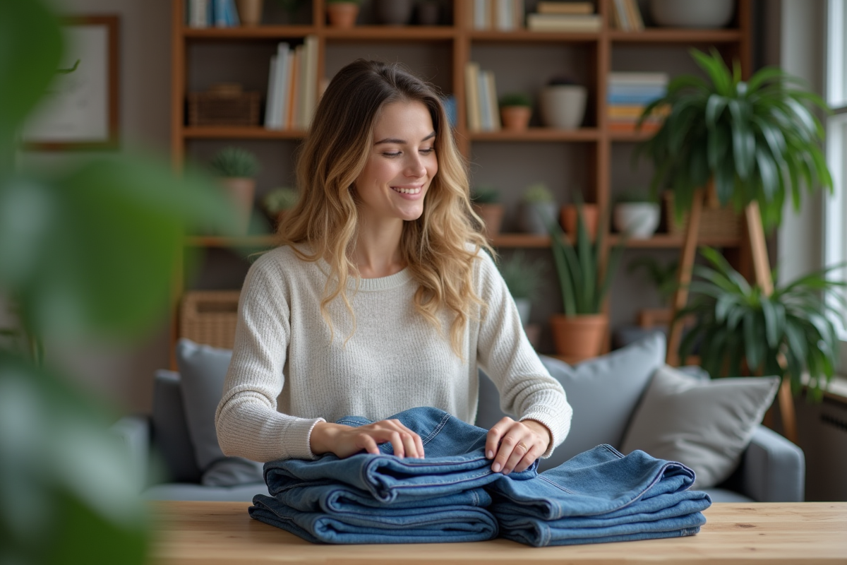 Femme plie des jeans dans un intérieur cosy
