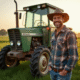 Ferme avec fermier souriant et tracteur usé en plein air