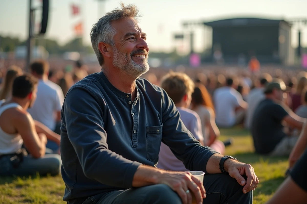 Homme détendu dans la foule d'un festival de musique en plein air, illustrant la distinction entre divertissement et art en philosophie