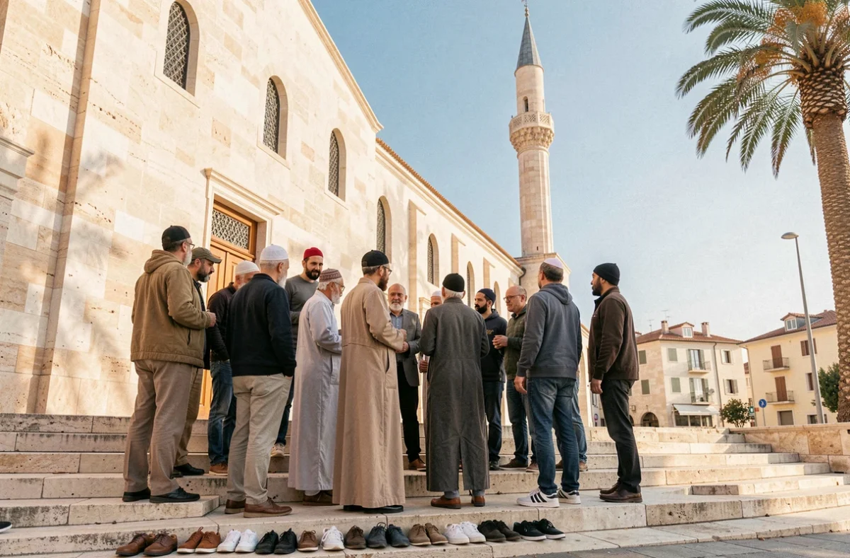 Fidèles rassemblés devant une mosquée à Marseille avant la prière du vendredi