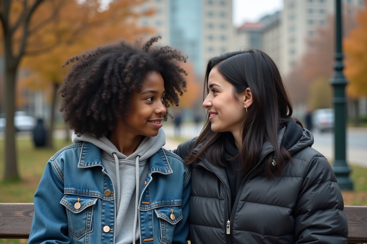 Fille de 16 ans discutant avec sa mère sur un banc de parc