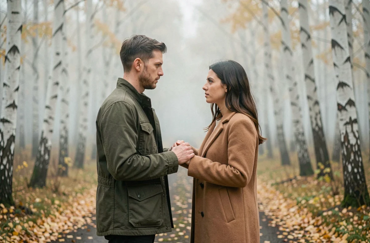 Un homme et une femme face à face dans une forêt de bouleaux automnale, symbolisant la dynamique de la flamme jumelle