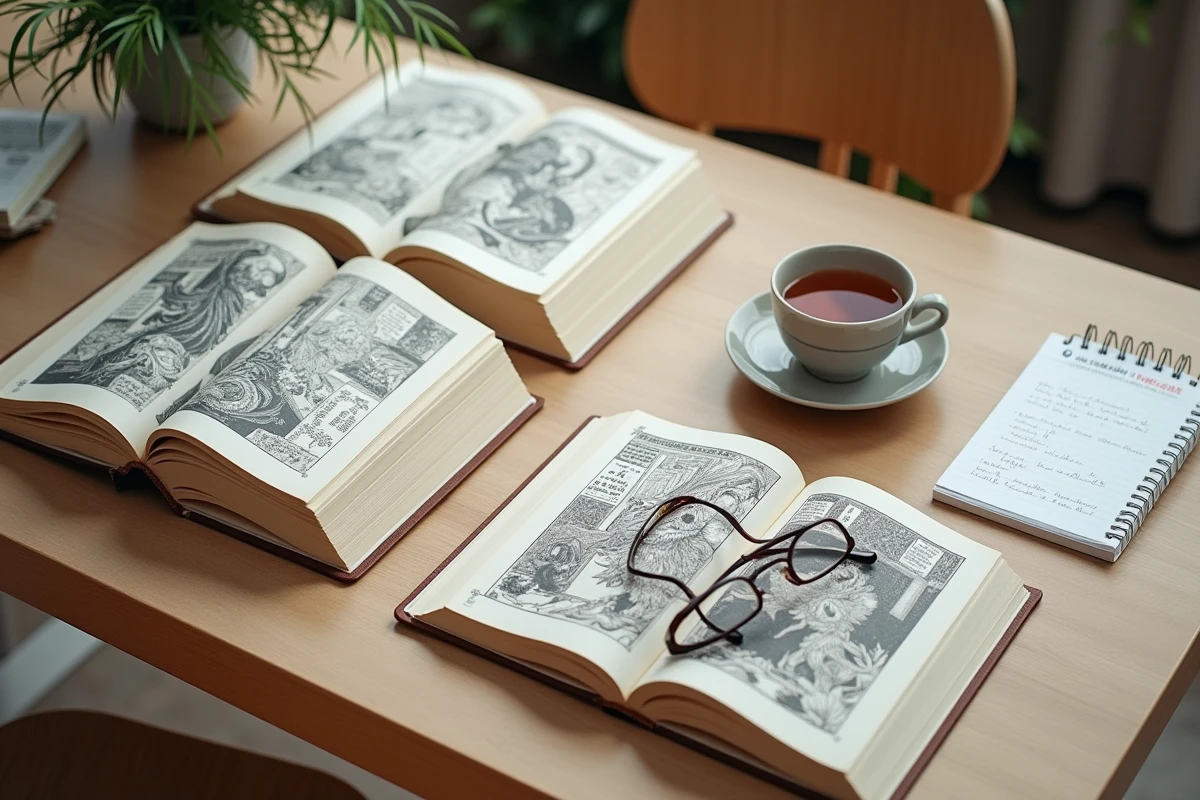 Mise en scène flat lay de volumes du manhua Exorcism Records Journey to the West VF avec thé et notes de lecture
