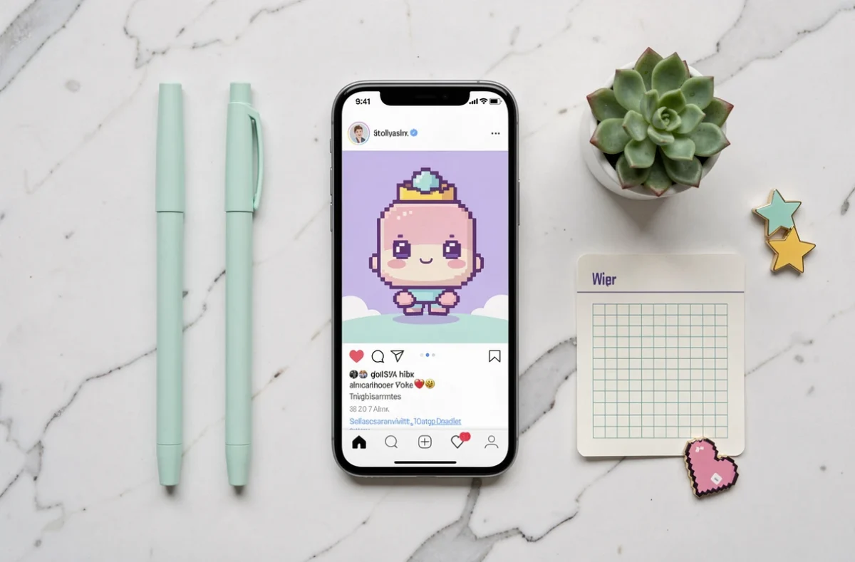 Flat-lay minimaliste avec smartphone affichant un post kawaii en pixel art entouré d'accessoires pastel sur marbre blanc