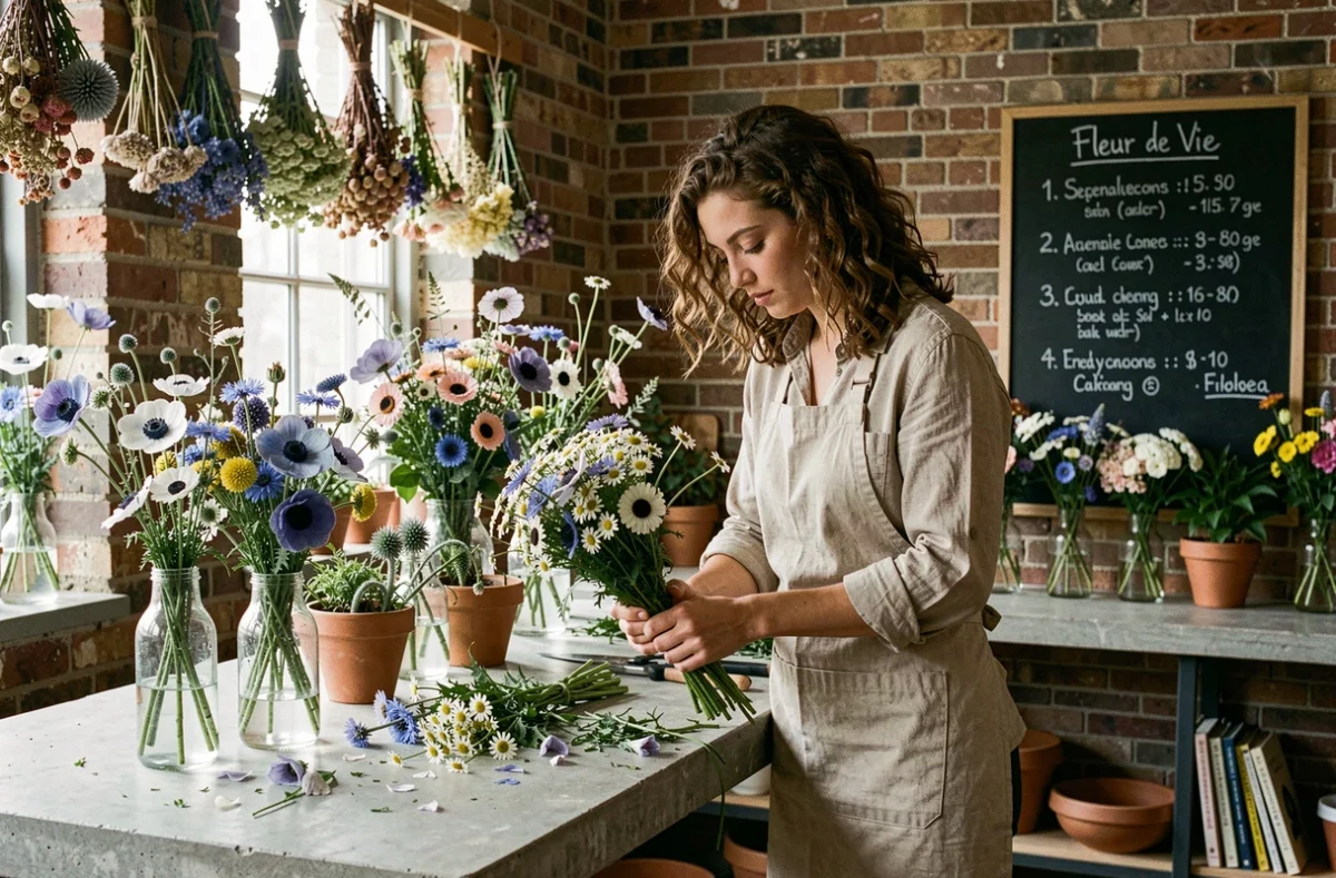 Studio floral Fleur de Vie avec une jeune floraliste composant un bouquet de fleurs sauvages dans une espace avec mur en brique et bouquets de fleurs séchées suspendus